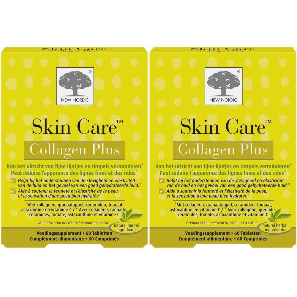 Deux boîtes jaunes avec logo "Skin Care Collagen Plus". Texte en allemand, français et néerlandais. Contient 60 comprimés.