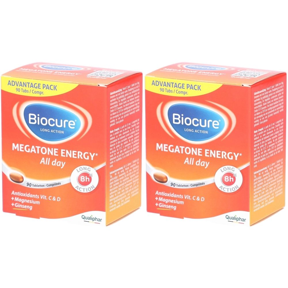 Twee oranje dozen met "Biocure Megatone Energy All day". Bevat 90 tabletten. Met antioxidanten, Vitamine C & D, magnesium en ginseng.