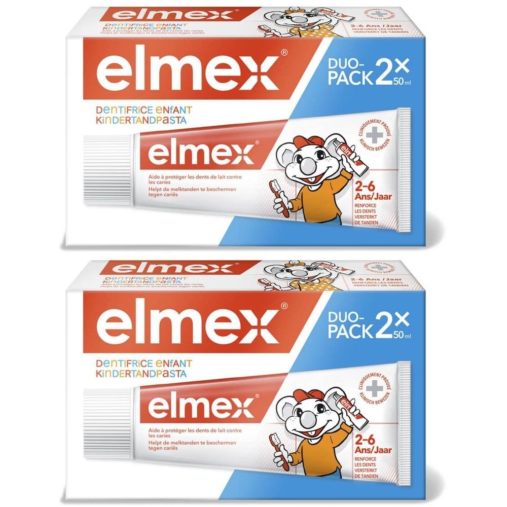 Twee verpakkingen elmex® Anti-Caries Dentifrice Enfant 2-6 Ans. Elke verpakking bevat een tube tandpasta en een cartoonbeer.
