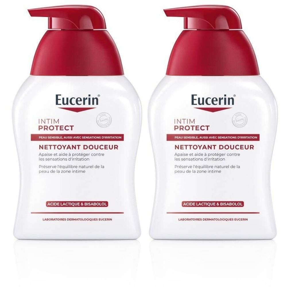Deux flacons blancs avec pompe rouge. Inscription: Eucerin, Intim Protect, Nettoyant Douceur. Texte en français.