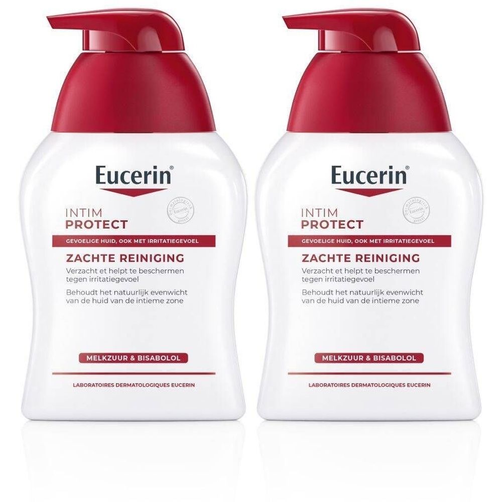 Twee witte flacons met rode pomp. Opschrift: Eucerin, Intim Protect, Zachte Reiniging. Tekst in het Nederlands.