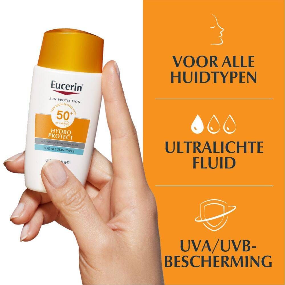 Hand die Eucerin Sun Hydro Protect Fluid SPF 50+ vasthoudt. Voor alle huidtypen, ultralichte fluid, UVA/UVB-bescherming.