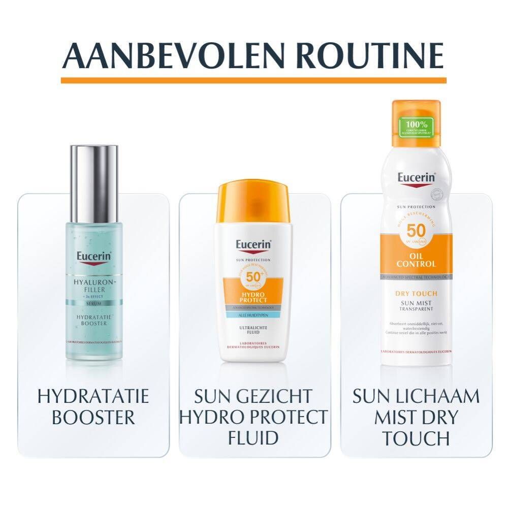 Aanbevolen routine: Hydratatie Booster, Sun Gezicht Hydro Protect Fluid, Sun Lichaam Mist Dry Touch.