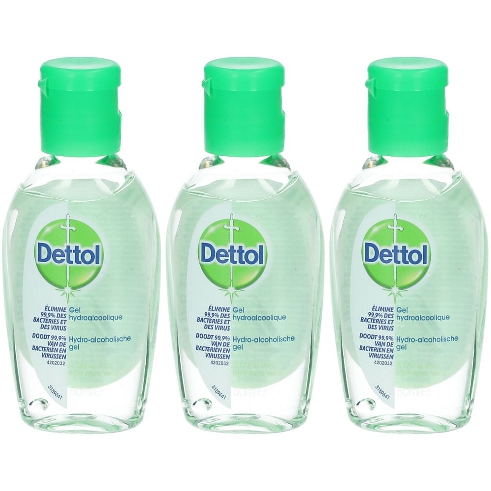 Trois flacons de Dettol Gel Hydroalcoolique. Liquide clair dans des flacons ovales avec des bouchons verts. Inscription Dettol.
