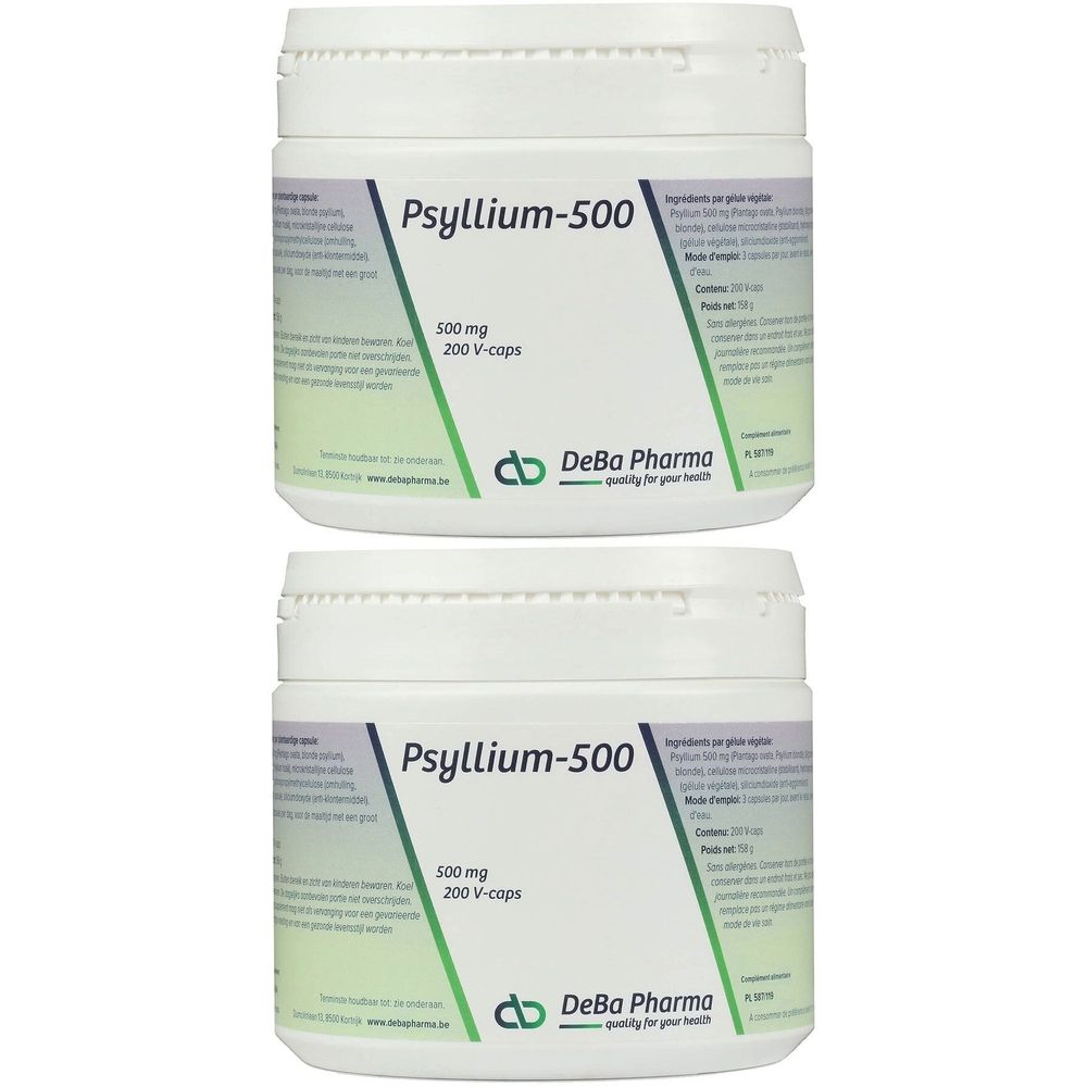 Deux pots blancs avec couvercles. Inscription Psyllium-500, 500 mg, 200 V-caps. Marque DeBa Pharma.