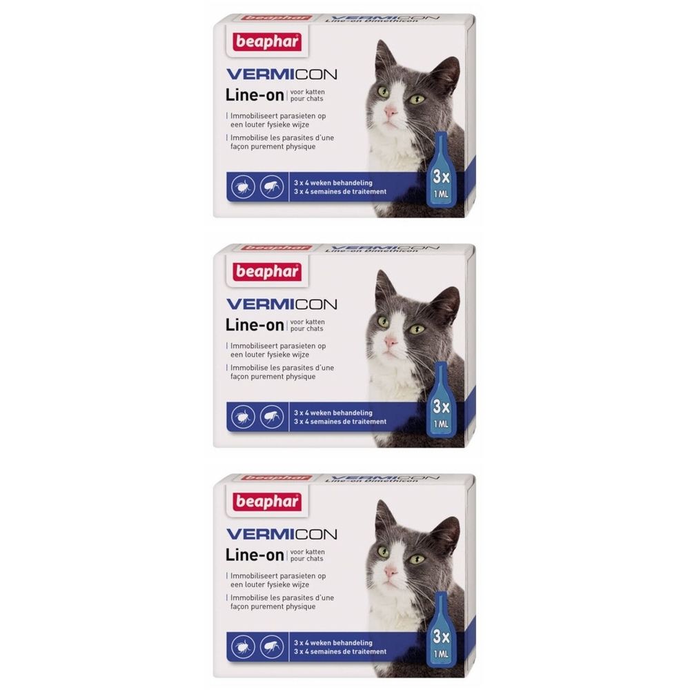 Drie dozen Beaphar Vermicon Line-on voor katten. Elke doos toont een kat en een blauwe fles met 3x 1ml.