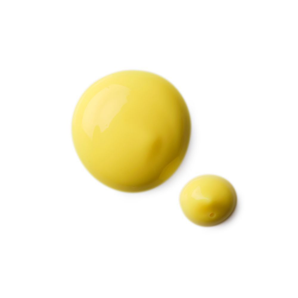 Twee gele druppels op witte achtergrond. De kleinere druppel ligt naast de grotere.