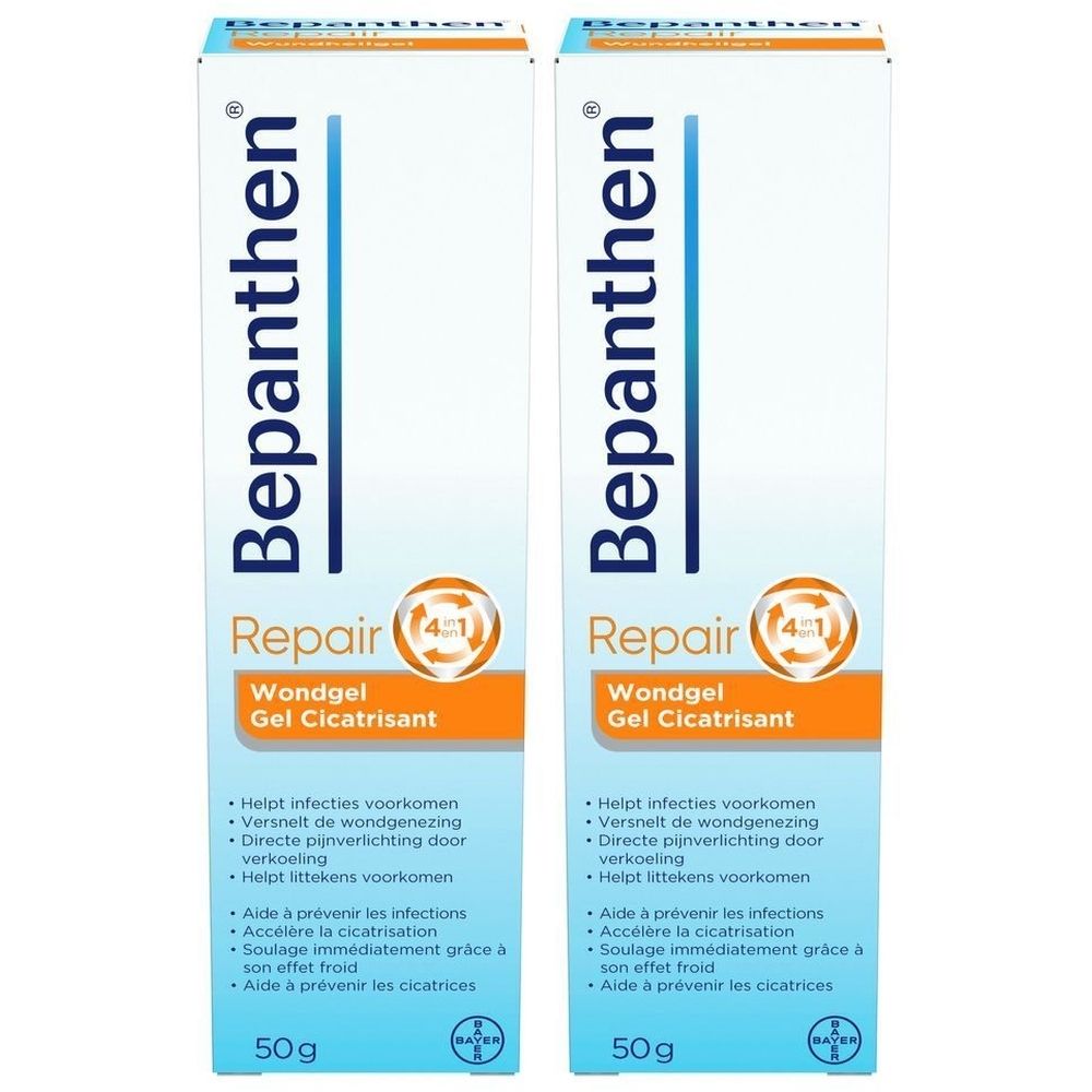 Deux tubes de Bepanthen Repair Gel Cicatrisant. Inscription : 4 en 1, 50g. Contient des informations sur la prévention des infections et la réduction des cicatrices.
