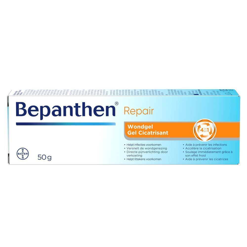 Verpakking van Bepanthen® Repair Wondgel. Blauwe doos met oranje streep. Tekst: Bepanthen®, 50g, Wondgel Cicatrisant.