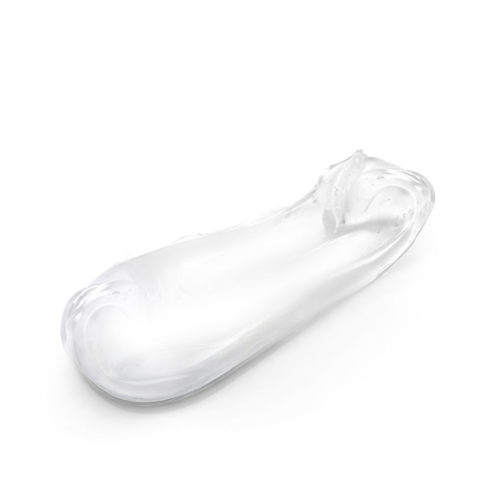 Uitgesmeerde, transparante gel op witte achtergrond. Geen verpakking zichtbaar.
