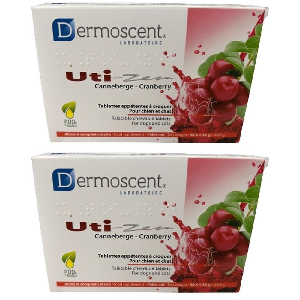 Deux boîtes de produit. Inscription: Dermoscent Uti-Zen, Canneberge, comprimés appétents pour chiens et chats.