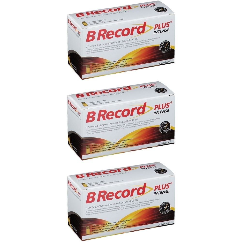 Drie dozen B Record Plus Intense. Witte verpakking met rood en geel design. Opschrift B Record Plus Intense.