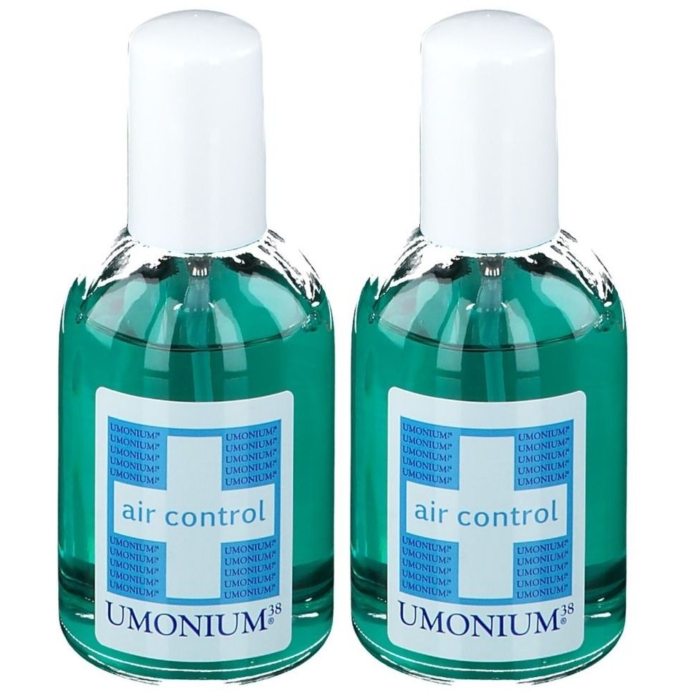 Deux flacons de liquide verdâtre avec des vaporisateurs blancs. Les étiquettes indiquent "air control" et "UMONIUM 38".