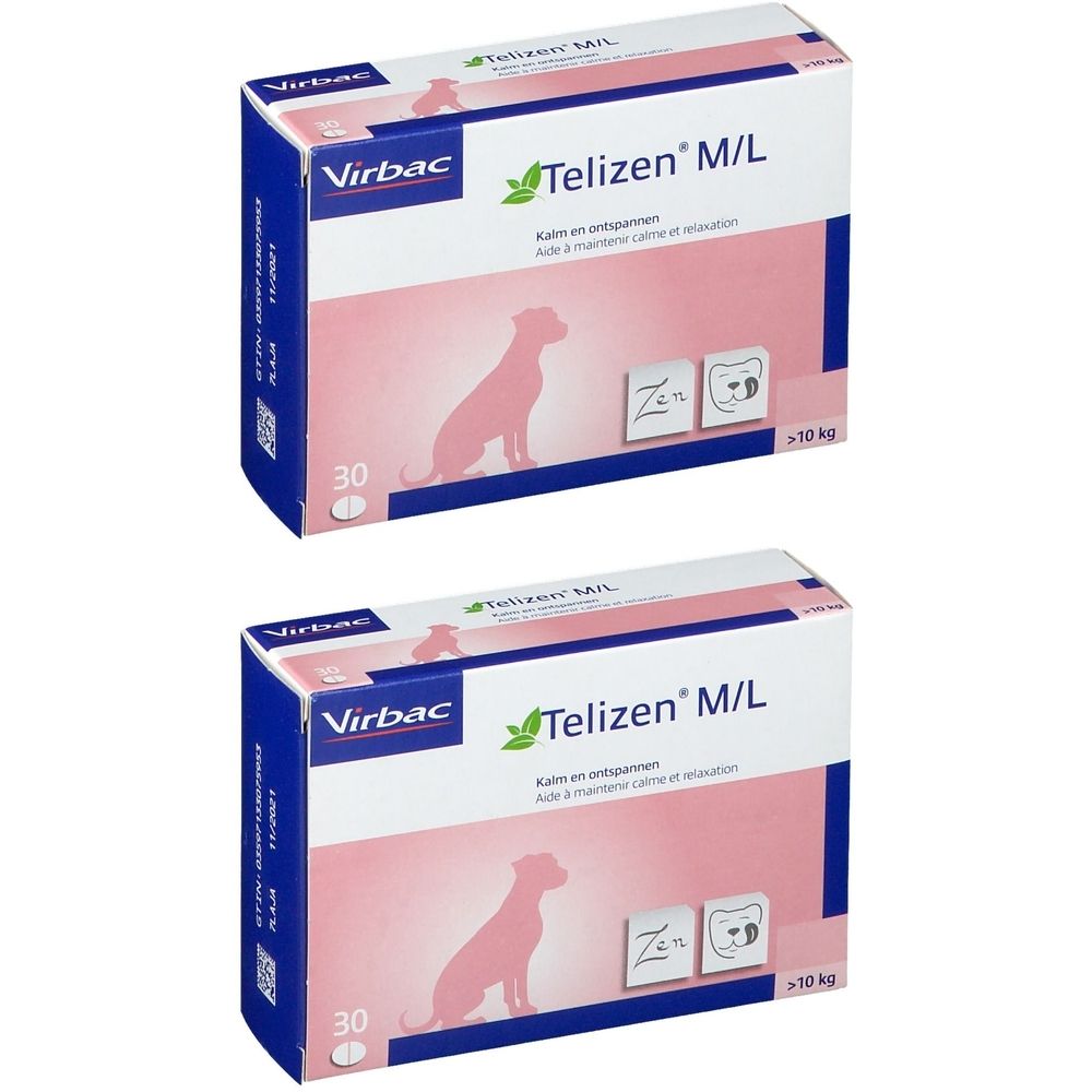 Twee dozen Virbac Telizen M/L. Roze-witte verpakking met logo, productnaam, hondsilhouet en 30 tabletten. Voor honden >10 kg.