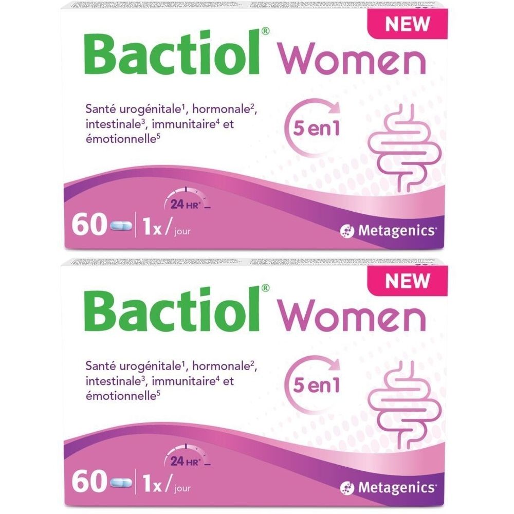 Deux boîtes de Bactiol® Women. Boîtes blanches avec texte rose et vert. Contient 60 comprimés. Logo Metagenics.