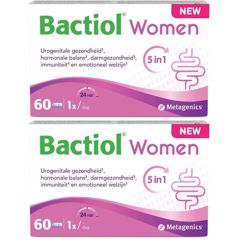 Twee verpakkingen Bactiol® Women. Witte dozen met roze en groene tekst. Bevat 60 tabletten. Metagenics logo.