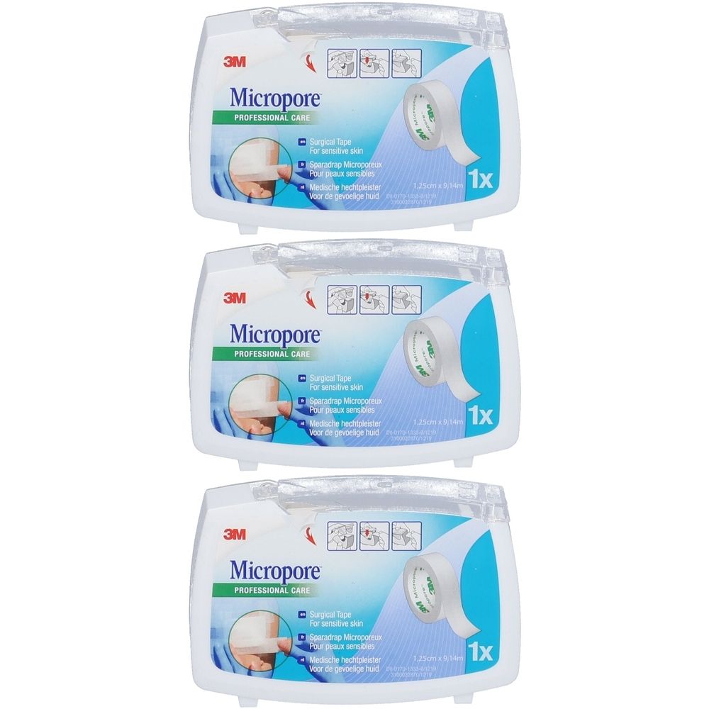 Trois boîtes de sparadrap 3M Micropore. Distributeurs blancs avec accent bleu. Inscriptions : Micropore, 1x, sparadrap chirurgical.