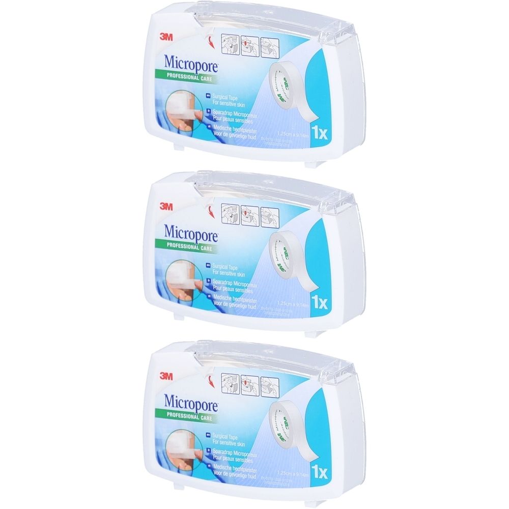 Drie verpakkingen 3M Micropore, wit met blauwe accenten. Zichtbaar: productnaam, gebruiksvoorbeelden, 1x.