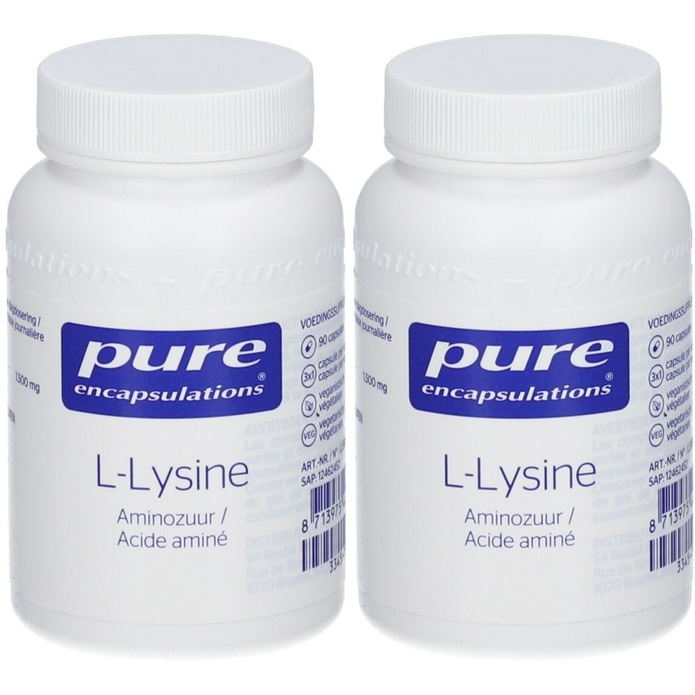 Twee witte flessen met schroefdop. Op elke fles staat "pure encapsulations" en "L-Lysine". Aminozuur/Acide aminé.