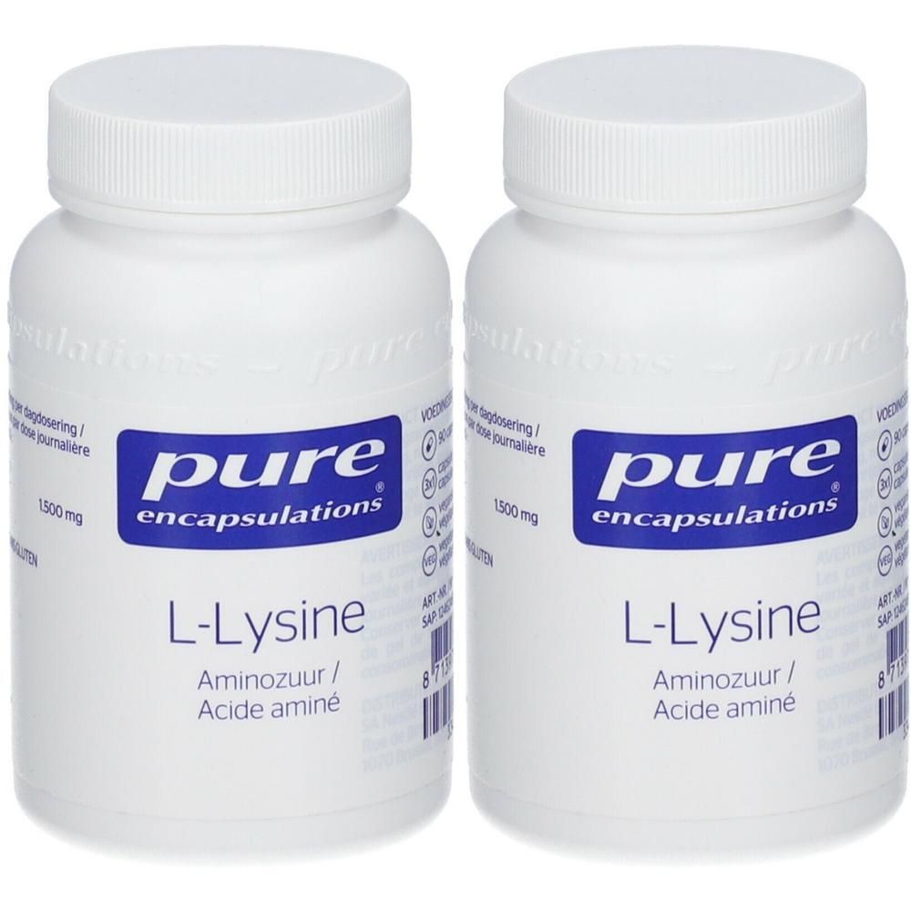 Deux flacons blancs avec étiquettes bleues. Inscription: pure encapsulations L-Lysine. Acide aminé.