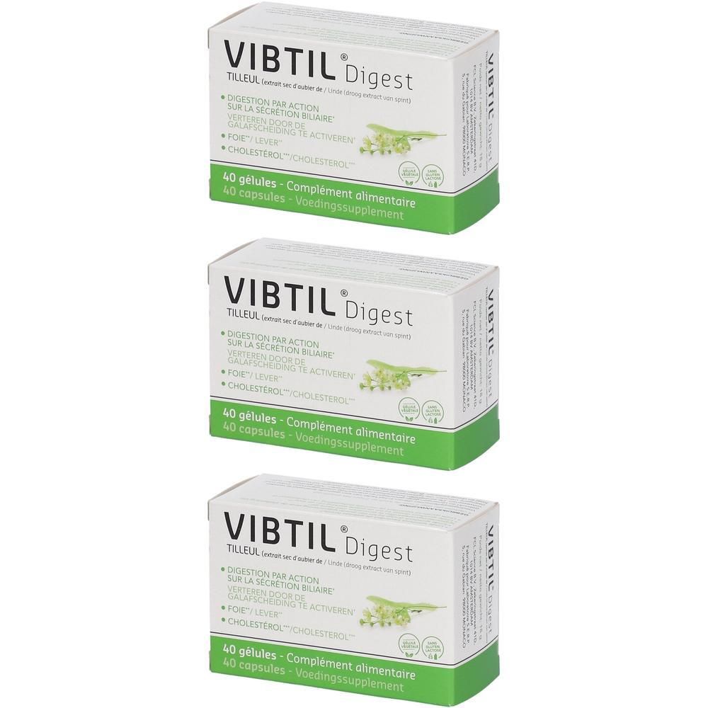 Trois boîtes de VIBTIL® Digest. Emballage blanc avec accents verts et informations produit. 40 gélules.