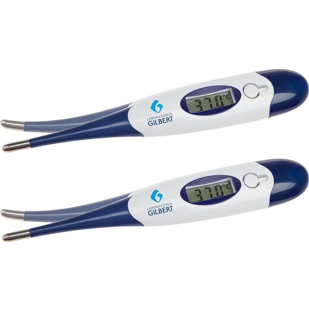 Twee digitale thermometers met blauw-witte behuizing. Elk toont 37,0°C. Logo "Laboratoires Gilbert" zichtbaar.
