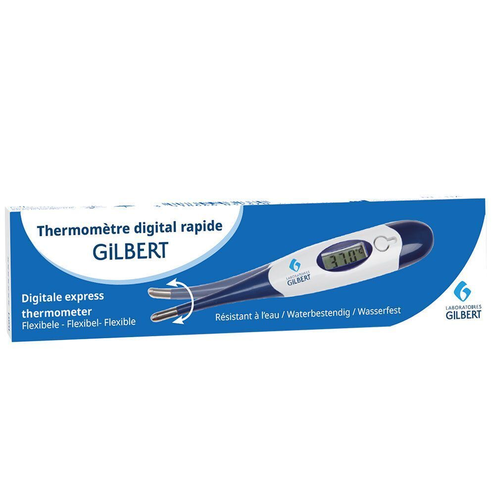 Verpakking met digitale thermometer. Tekst: "Thermomètre digital rapide GILBERT". Logo "Laboratoires Gilbert" zichtbaar.