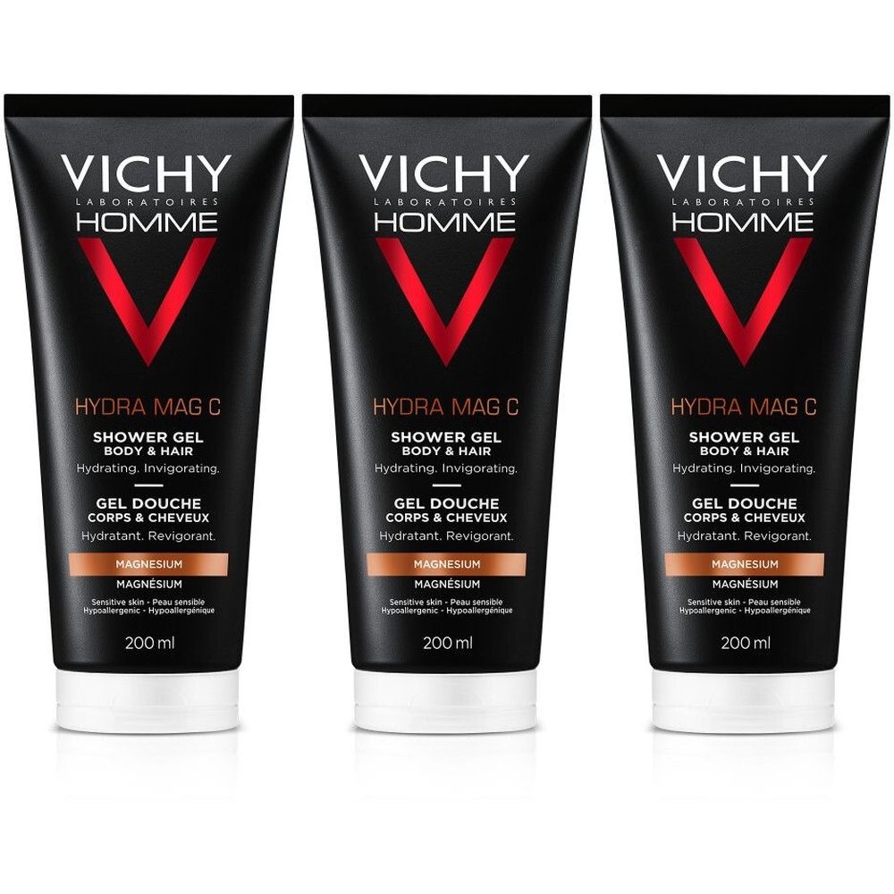 Drie zwarte tubes met witte bodem. Opschrift: Vichy Homme, Hydra Mag C, douchegel voor lichaam & haar. 200 ml.