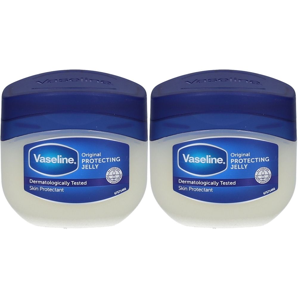 Deux pots de Vaseline Original Protecting Jelly. Crème blanche dans des contenants ovales avec couvercles bleus. Inscription : Testé dermatologiquement.