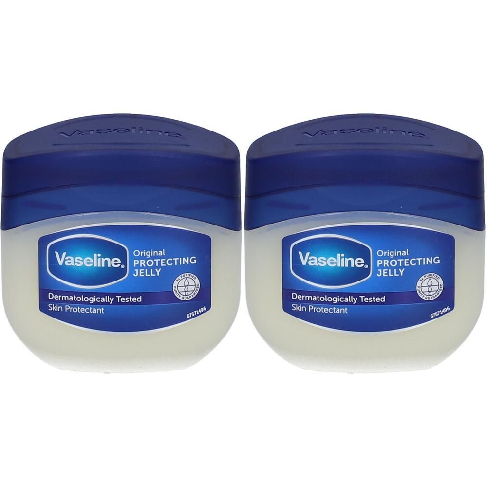 Twee potten Vaseline Original Protecting Jelly. Witte potten met blauwe deksels. Opschrift: Vaseline, Protecting Jelly.