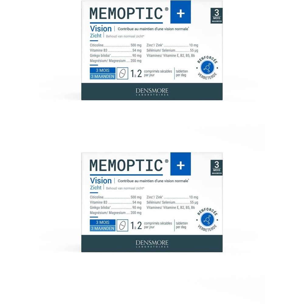 Deux boîtes de Memoptic® +. Emballage blanc avec éléments bleus et noirs. Contient des comprimés. Texte: Vision, 3 mois.