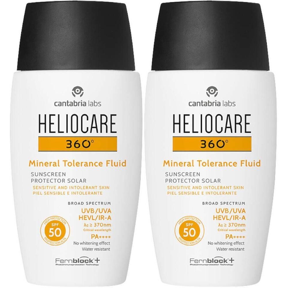 Twee flessen Heliocare 360° Mineral Tolerance Fluid SPF 50. Witte flessen met zwarte dop en gele labels.