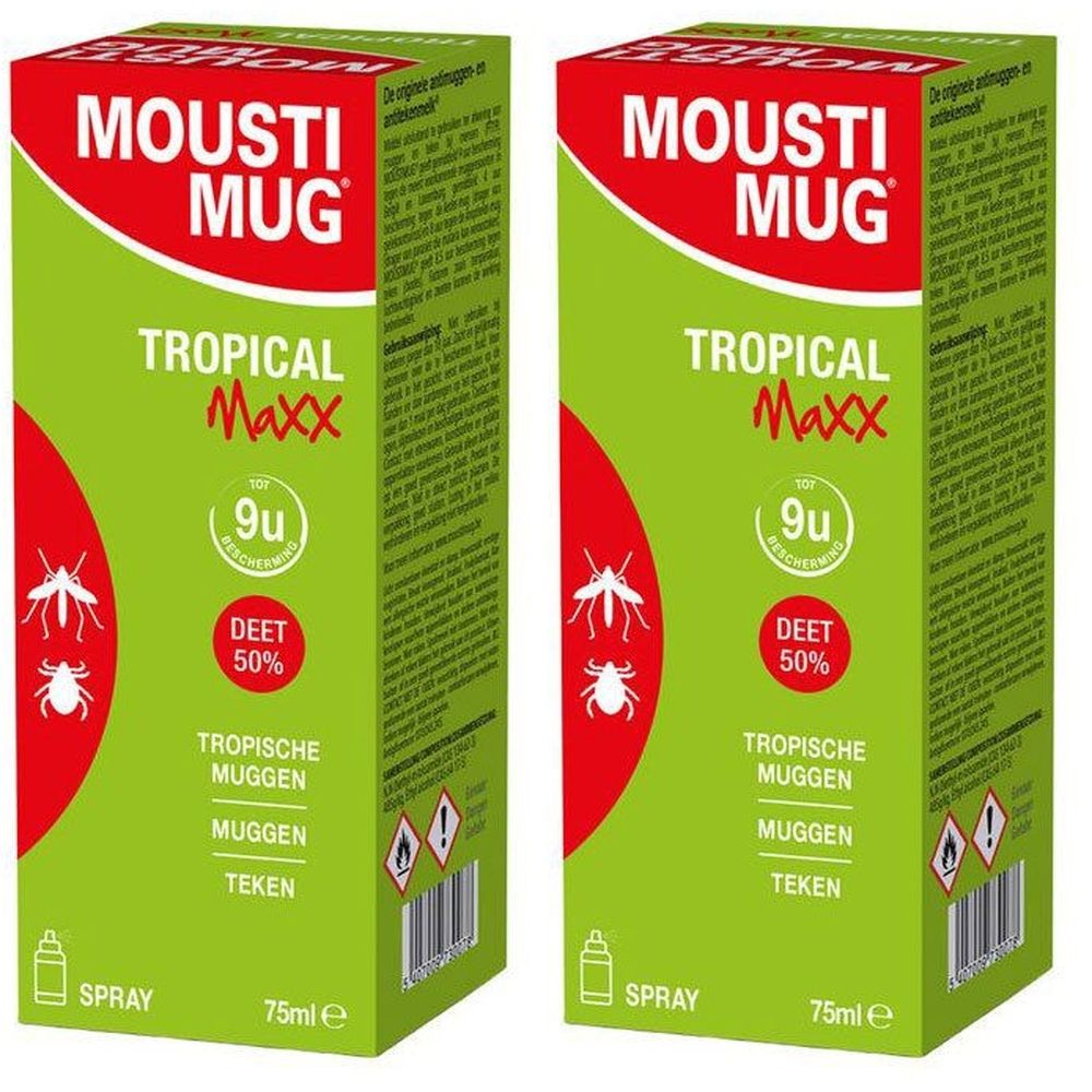 Twee groene dozen met rode en witte tekst. Boven staat "Mousti Mug". Daaronder "Tropical Maxx" en "9u Protection". Bevat 50% DEET.