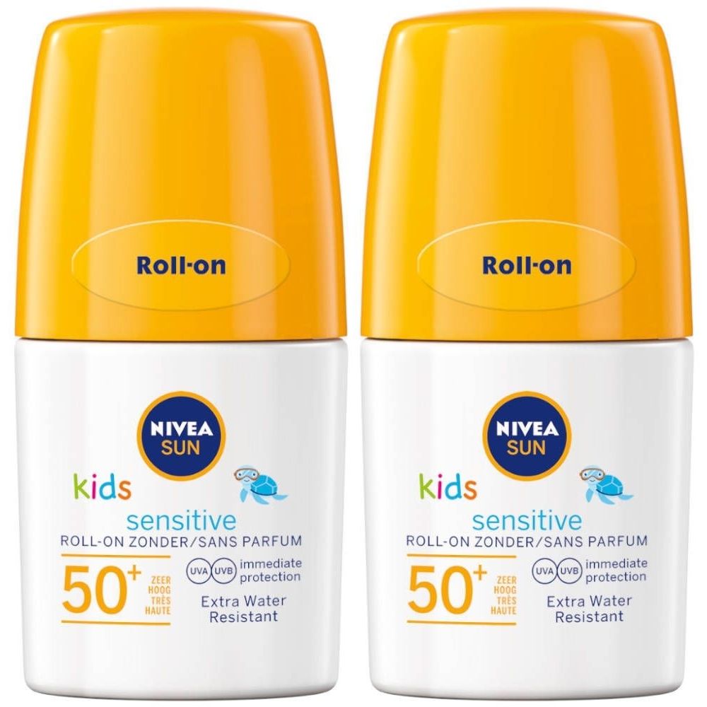 Deux roll-on solaires pour enfants. Flacon blanc, bouchon jaune. Inscription : Nivea Sun Kids Sensitive 50+.
