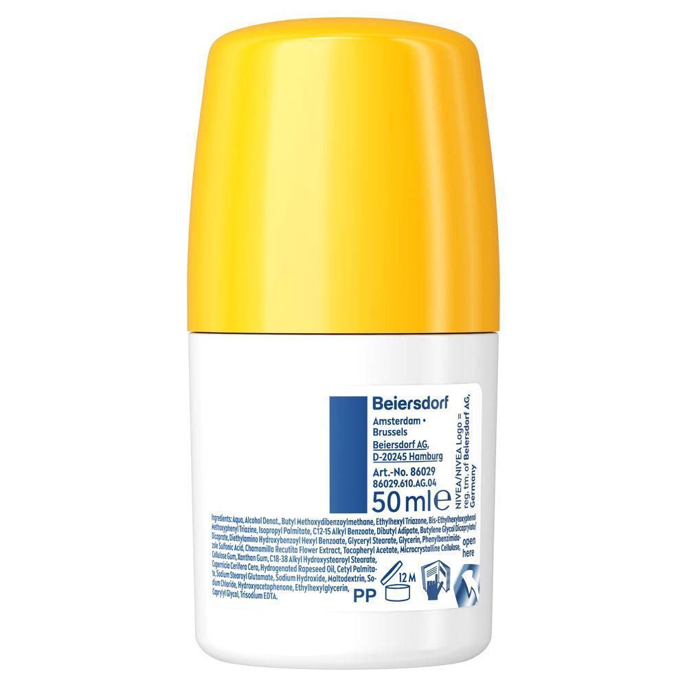Achterkant van een roll-on flacon met gele dop. Opschrift: NIVEA SUN, ingrediënten, 50 ml.