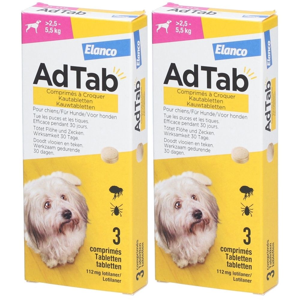 Twee dozen AdTab voor honden. Opschrift: 3 tabletten, 112mg lotilaner. Voor honden van 2,5 tot 5,5 kg.