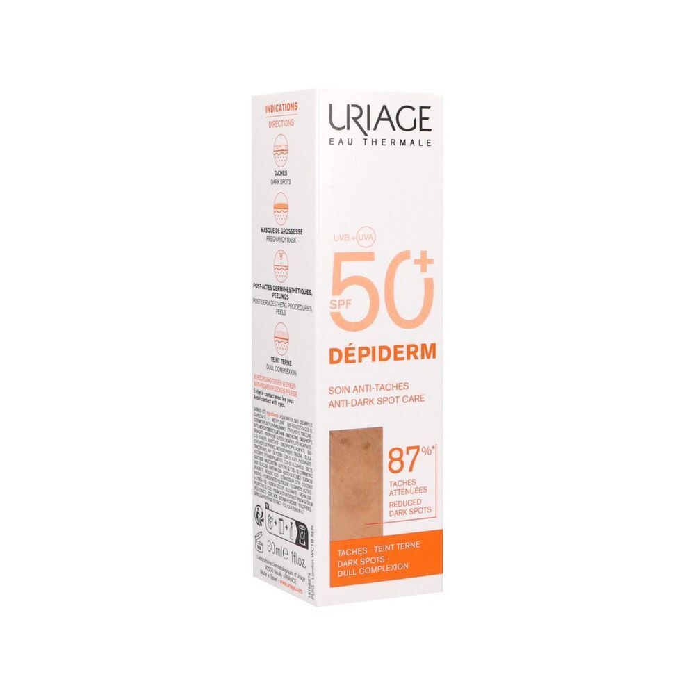 Doosje Uriage Dépiderm dagcrème SPF50+ tegen vlekken.