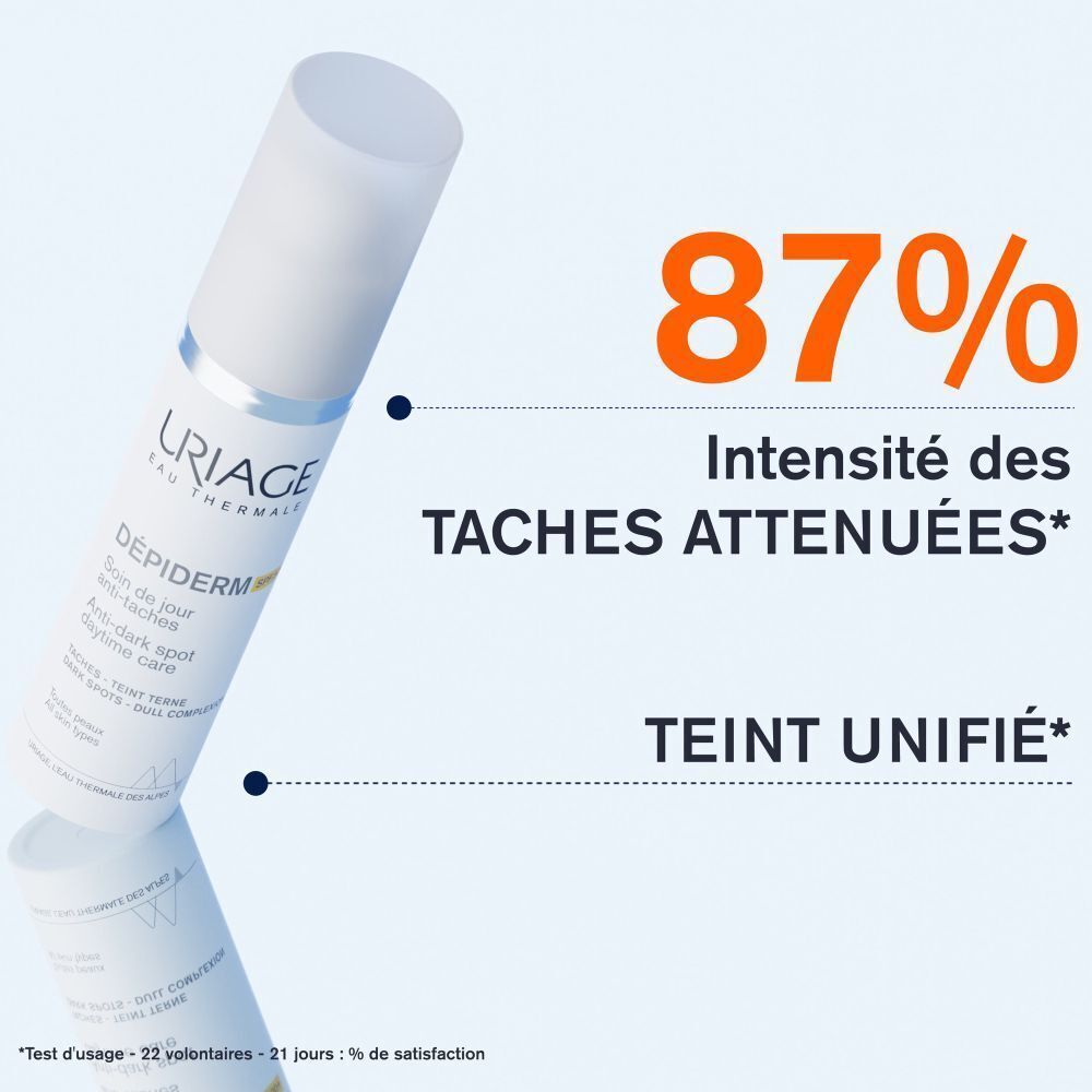 Dos d'un flacon blanc Uriage Dépiderm SPF50+. Texte multilingue. 30ml, 1 fl.oz.