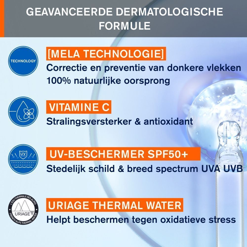 Flesje Uriage Dépiderm met vermelding van 87% vermindering van vlekken.
