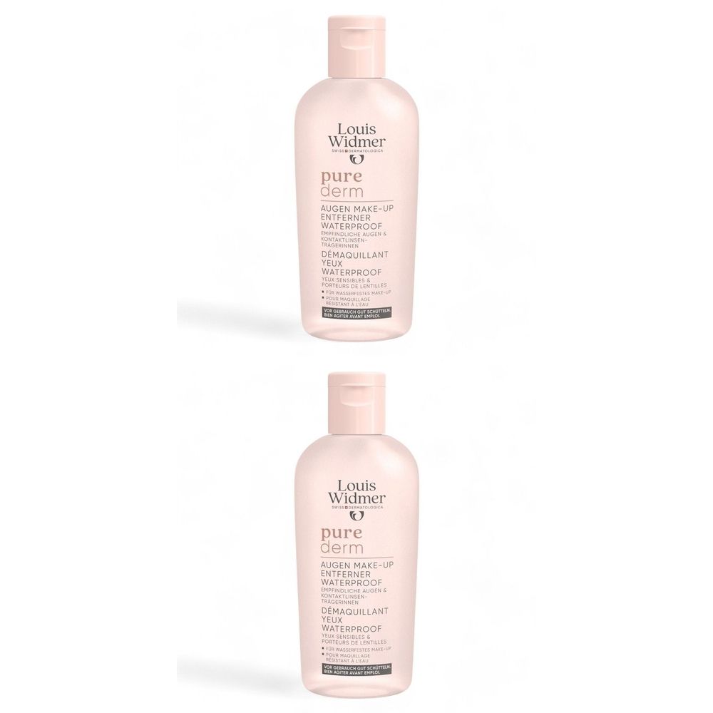 Twee roze flessen. Opschrift: Louis Widmer, pure derm, Démaquillant Yeux Waterproof. Dop en hals roze.