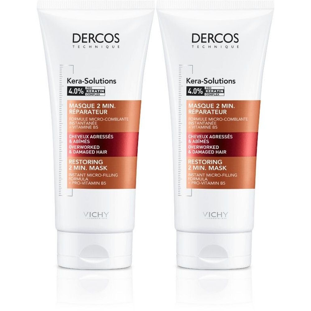 Deux tubes blancs. Inscription: Dercos, Kera-Solutions, Masque 2 Min. Réparateur. Pour cheveux abîmés.