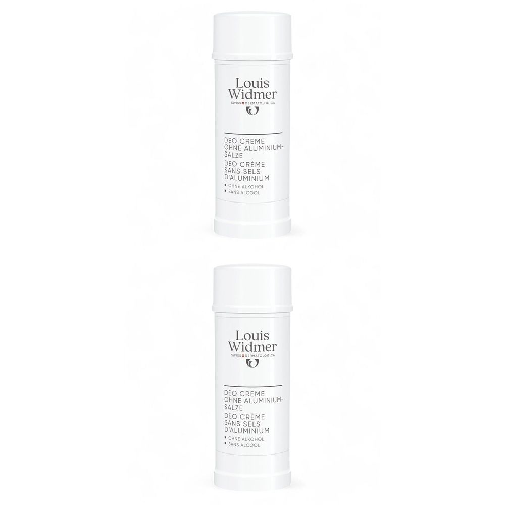 Deux sticks déodorants blancs. Inscription: Louis Widmer, Deo Crème Sans Sels Aluminium. Sans alcool.