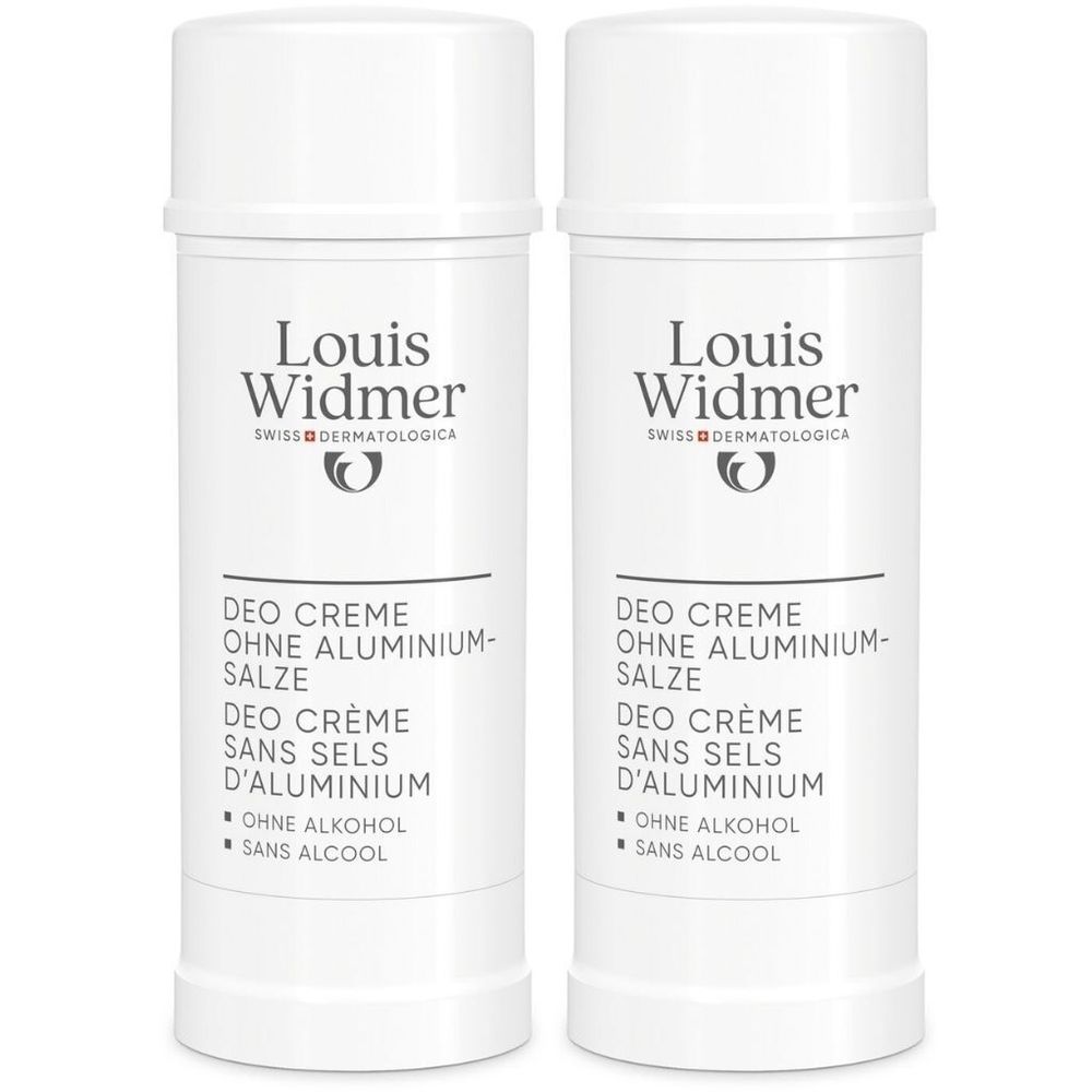 Twee witte deodorant sticks. Opschrift: Louis Widmer, Deo Crème Ohne Aluminiumsalze. Zonder alcohol.