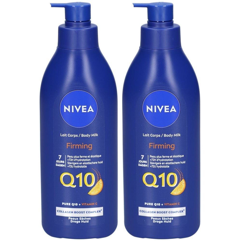 Twee blauwe flessen Nivea Lait Corps/Body Milk Firming Q10. Met pomp. Opschrift: Q10, Collagen Boost Complex.