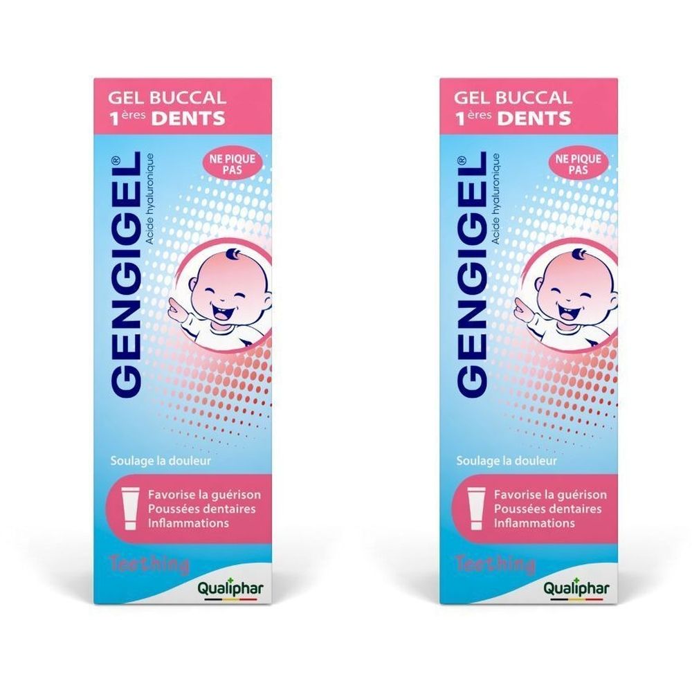 Deux boîtes de Gengigel Gel Buccal, rose et bleu. Avec un bébé, texte et logo Qualiphar.