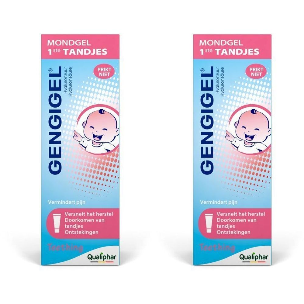 Twee verpakkingen Gengigel Mondgel, roze-blauw. Met baby, tekst en Qualiphar-logo.