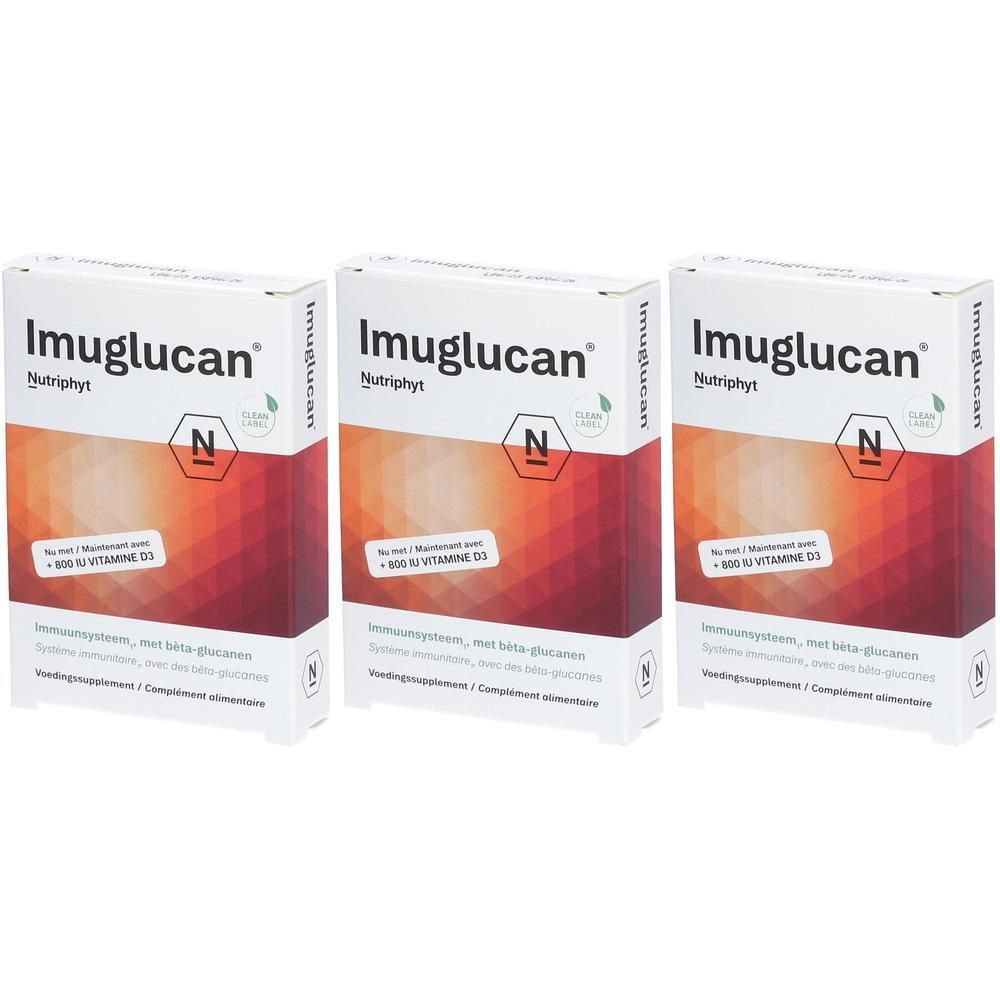 Drie dozen Nutriphyt Imuglucan. Witte verpakking met logo en tekst. Rode en oranje achtergrond. N-logo.