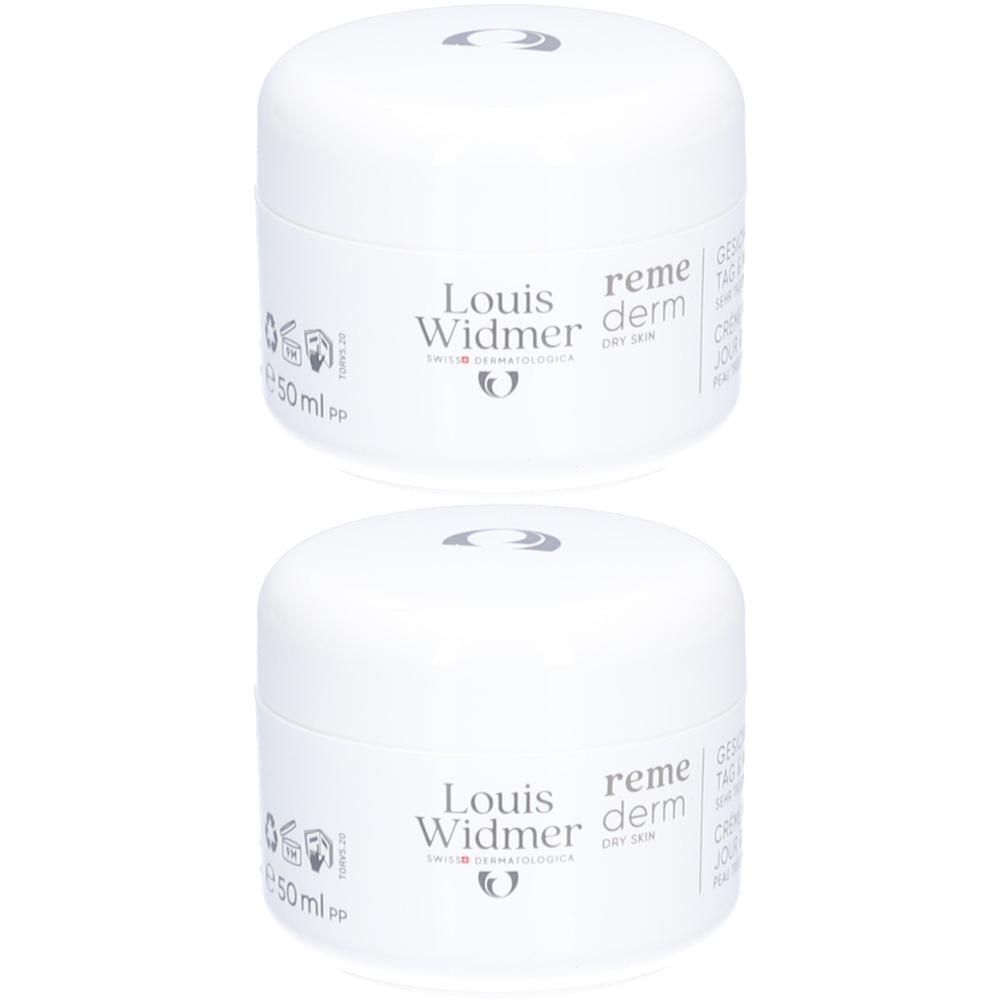Twee witte crèmetiegels met deksels. Opschrift: Louis Widmer, Remederm Dry Skin. 50 ml.