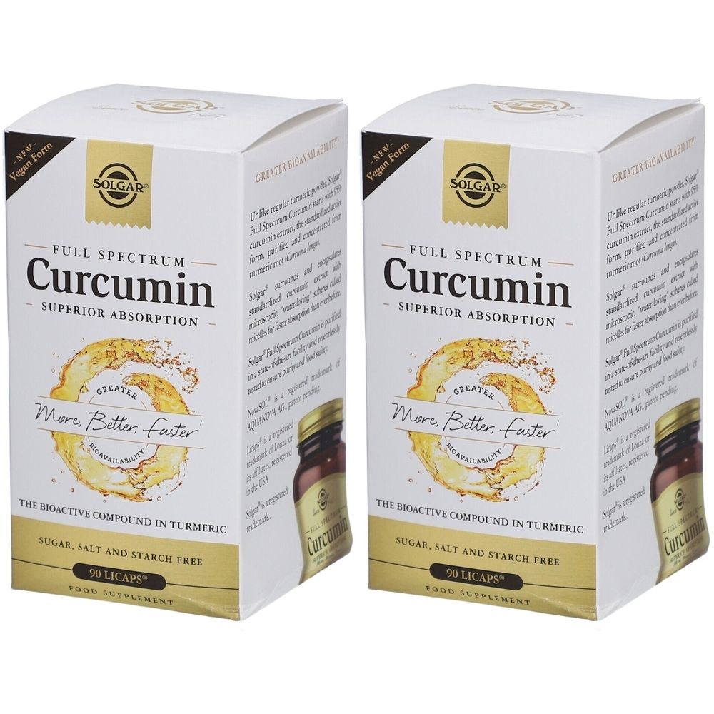 Deux boîtes de Solgar® Full Spectrum Curcumin. Texte doré sur fond blanc. Label vegan. 90 Licaps.
