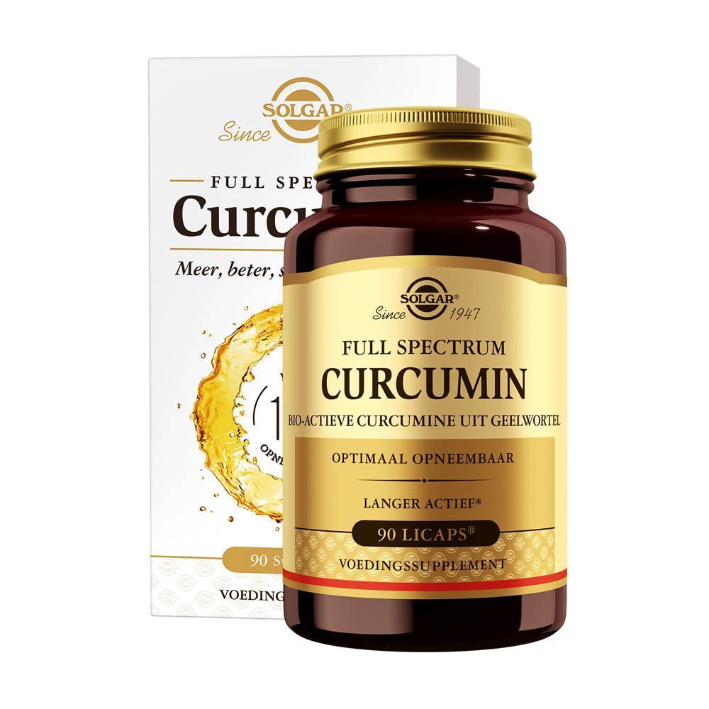 Een fles Solgar Full Spectrum Curcumin en een doos. Bruine glazen fles met gouden deksel. Opschrift: 90 Licaps, voedingssupplement.